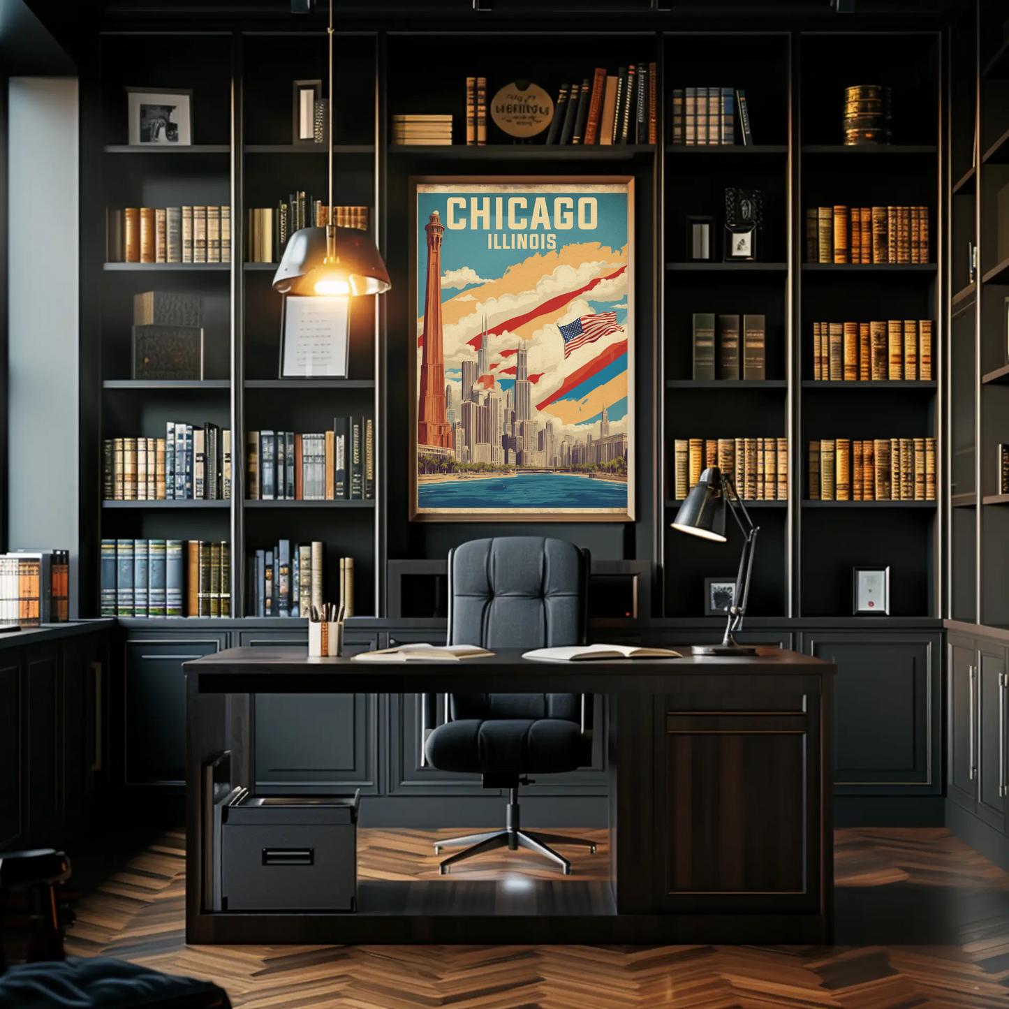 Chicago Illinois Skyline American Flag Cityscape Vintage Travel Poster