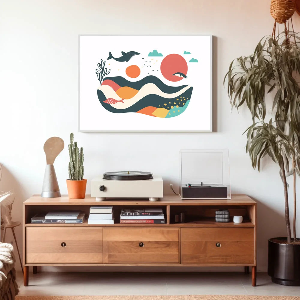 The poster features a whimsical and abstract marine scene. Central to the design Travel Poster