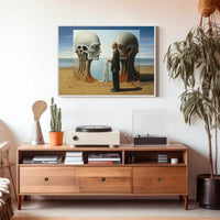 Surreal Beach Scene with Skeletal Structures Artistic Poster