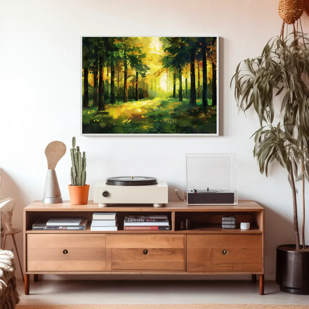 Golden Sunlit Forest: Impressionist Autumn Landscape Poster