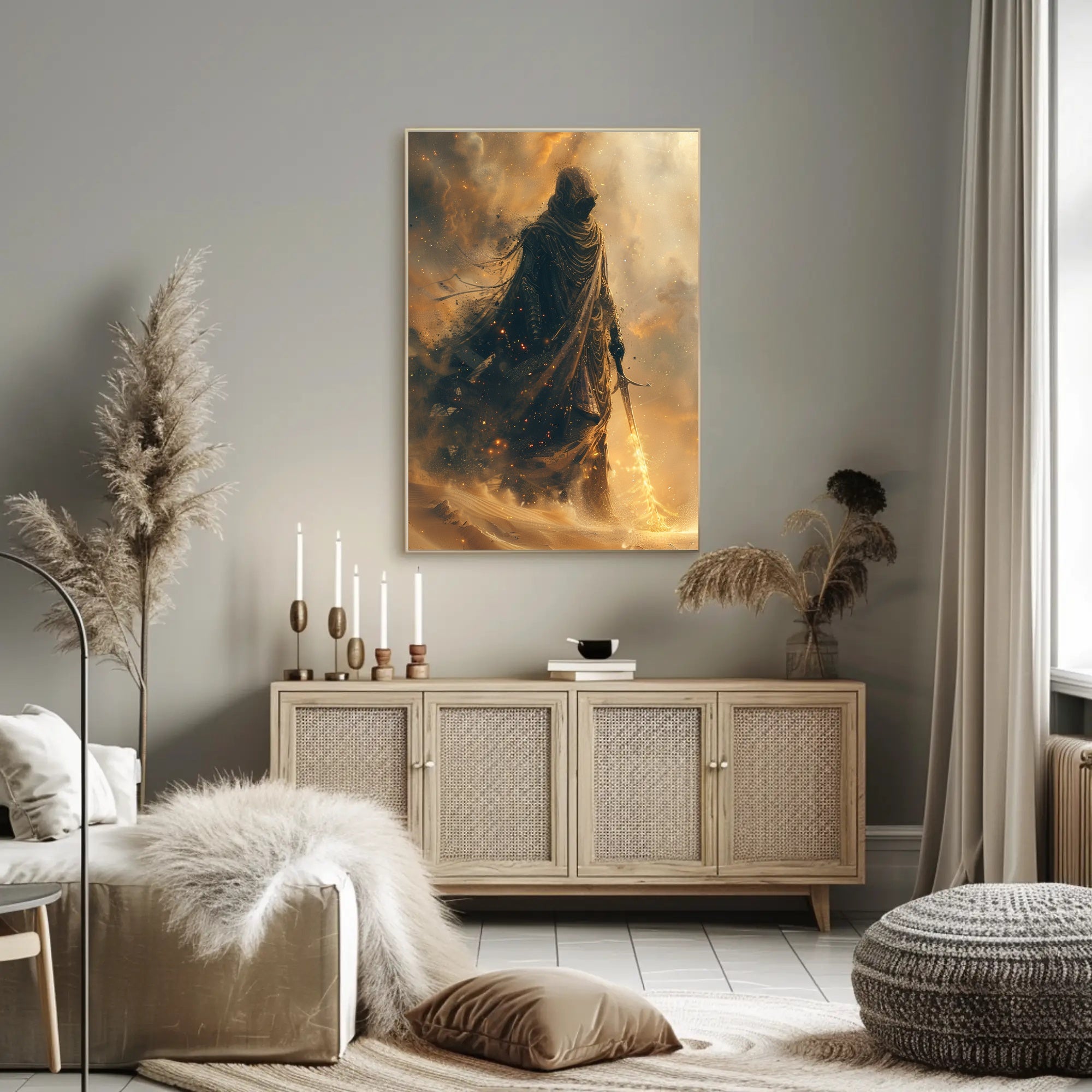 Mysterious Robed Figure with Glowing Sword Fantasy Poster PosterGoat