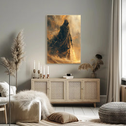 Mysterious Robed Figure with Glowing Sword Fantasy Poster PosterGoat
