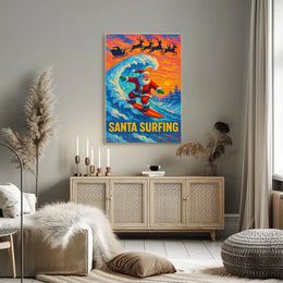 Santa Surfing Poster: Festive Beach Adventure Art