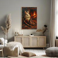 Cozy Rabbit by the Fireplace Poster
