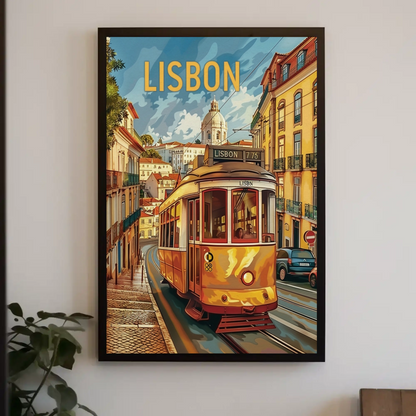 Lisbon Yellow Tram Cityscape Portugal Travel Poster