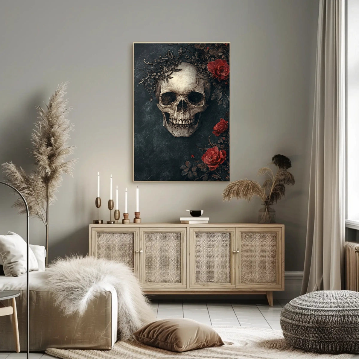 Skull and Roses Gothic Art Print Abstract Poster