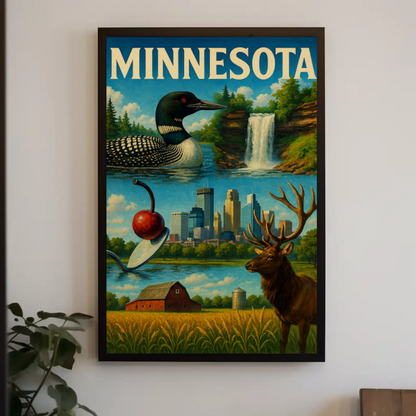 Minnesota Wildlife Farm Waterfall City Symbols Poster