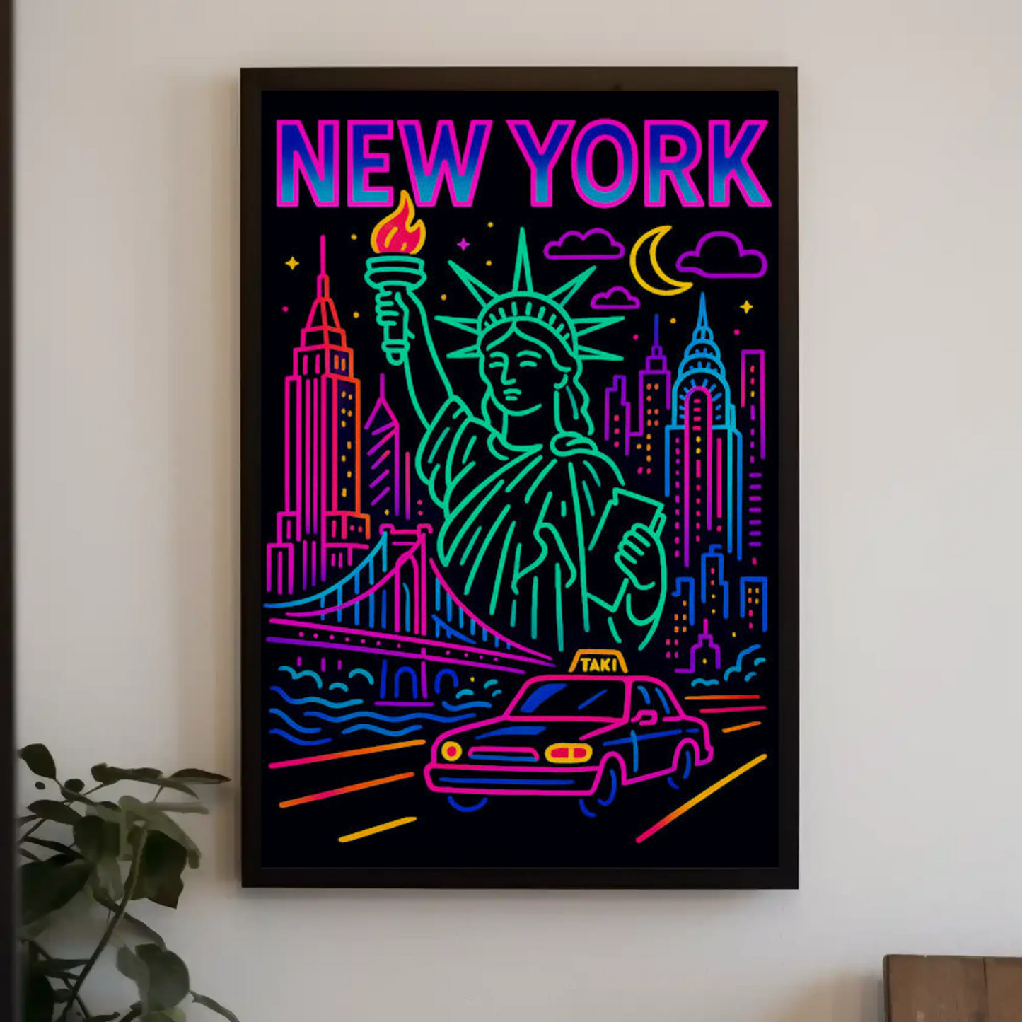 New York Neon Skyline Liberty Taxi Night Lights Travel Poster