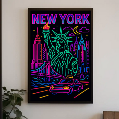 New York Neon Skyline Liberty Taxi Night Lights Travel Poster