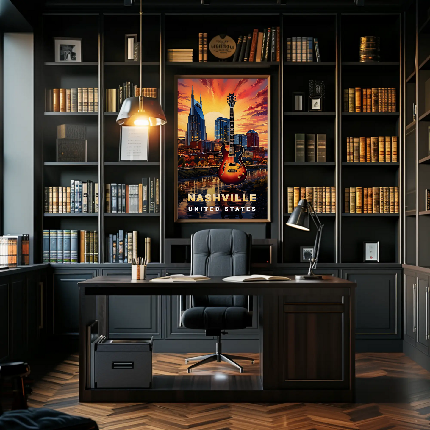 Nashville Tennessee Guitar Sunset Skyline Vintage Travel Poster