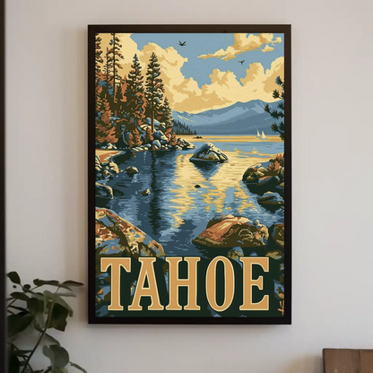 Lake Tahoe Sunset Pines Mountain Travel Poster