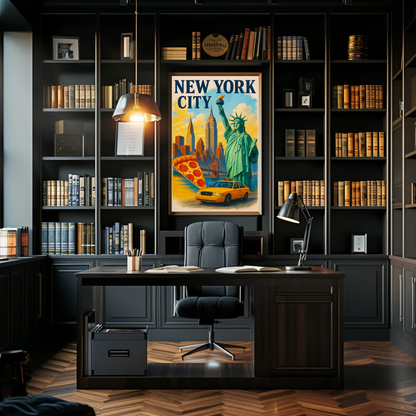 New York City Pizza Taxi Skyline Vintage Travel Poster