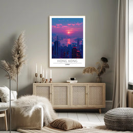 Vibrant Hong Kong Sunset Cityscape Urban Poster