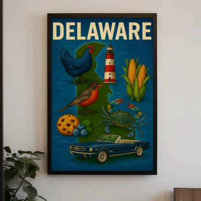 Delaware State Symbols Chicken Mustang Crab Travel Poster