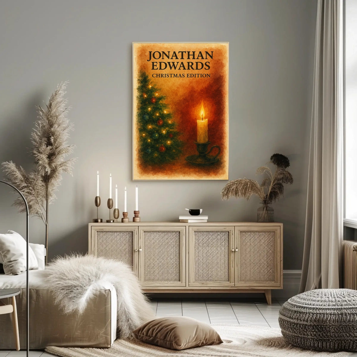 Warm Christmas Setting, Ornaments and Candle Art Poster