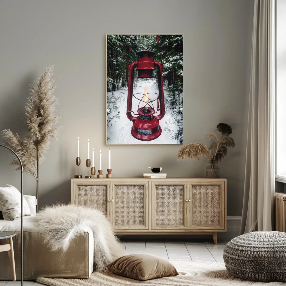 Red Lantern in Snowy Forest Adventure Travel Poster