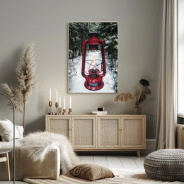 Red Lantern in Snowy Forest Adventure Travel Poster