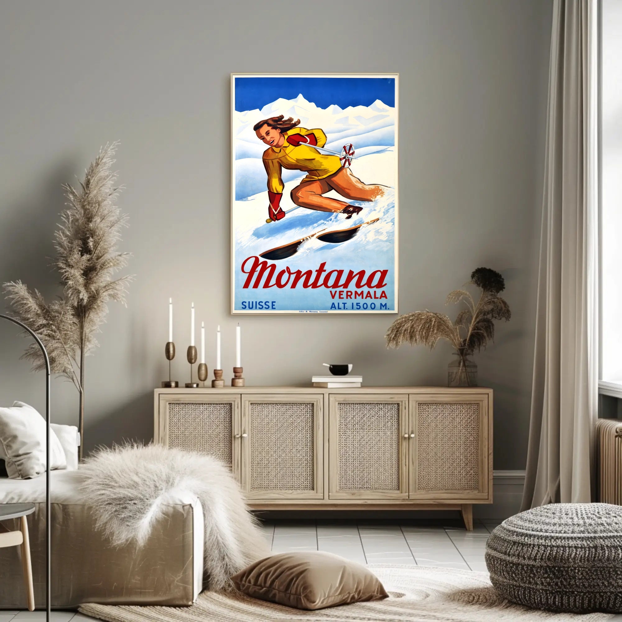 Skiing in Montana, Switzerland Poster PosterGoat