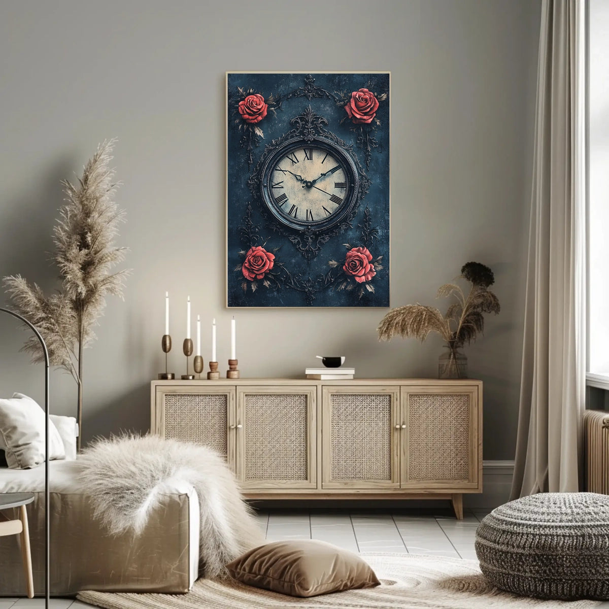 Ornate Vintage Clock and Roses Wall Art Artistic Poster