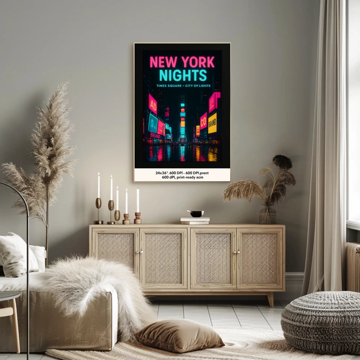 Vibrant Neon Nightscape in Times Square Urban Cityscape Poster
