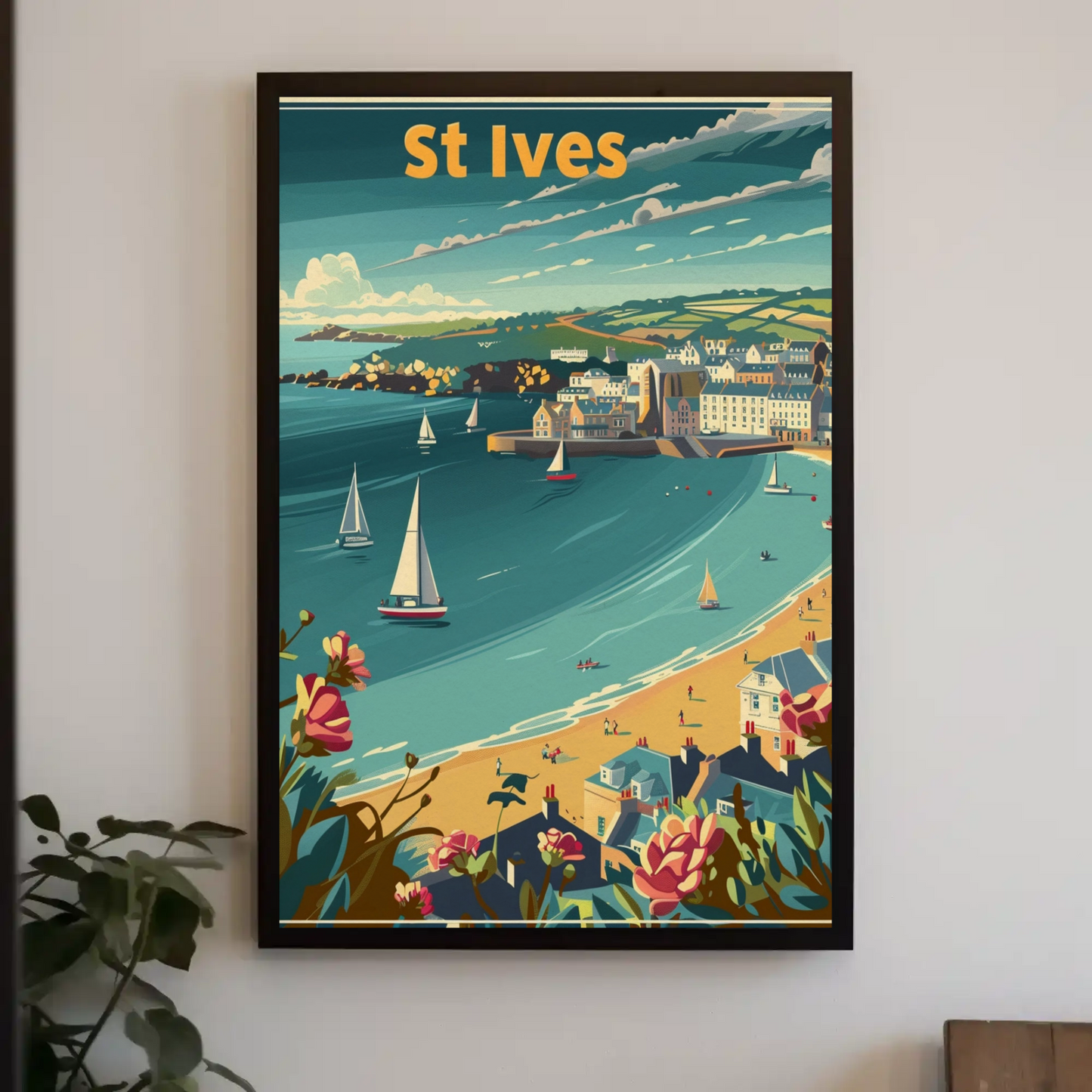 St Ives Cornwall Coastline Sailboats Flowers Travel Poster