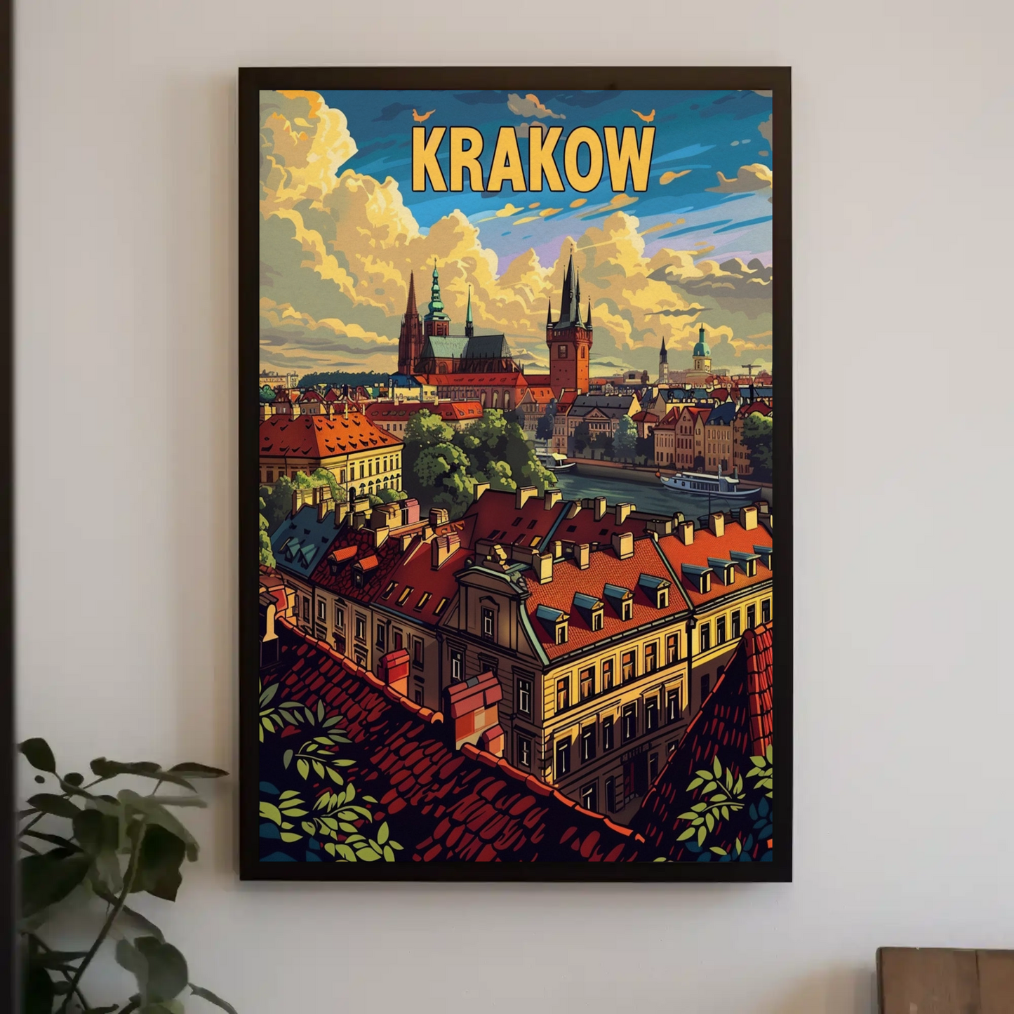 Evening Skyline Krakow Poland Travel Poster