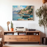 The poster showcases a scenic coastal village, likely inspired by the Mediterranean region, Travel Poster