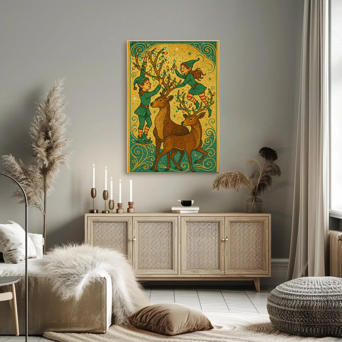 Festive Elves And Reindeer Poster