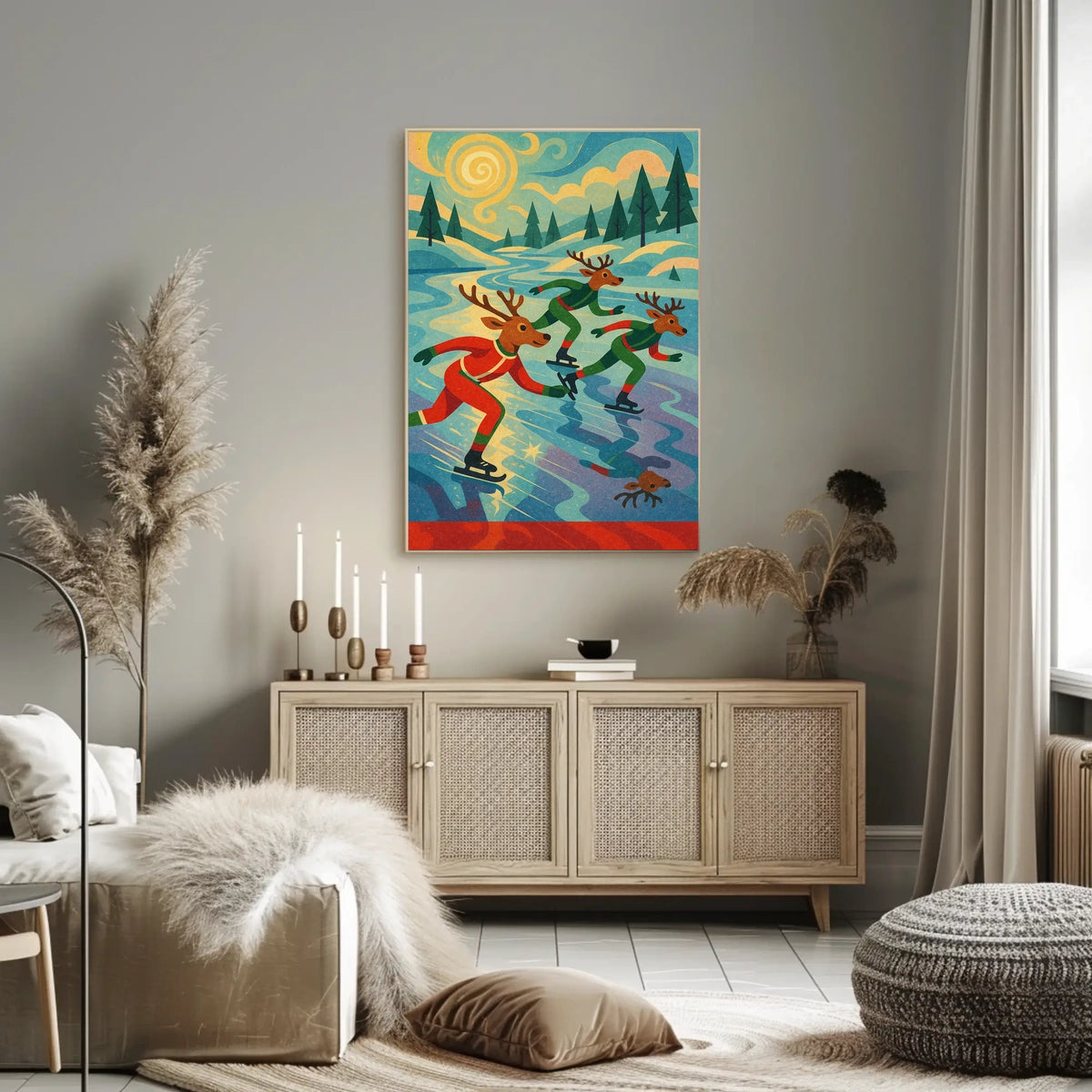Whimsical Reindeer Skating Retro Art Poster