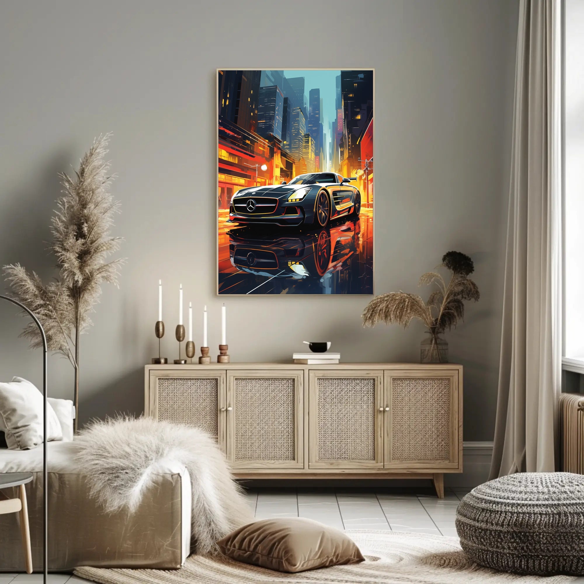 Futuristic Sports Car in Vibrant Cityscape - Futuristic Sci-Fi Poster