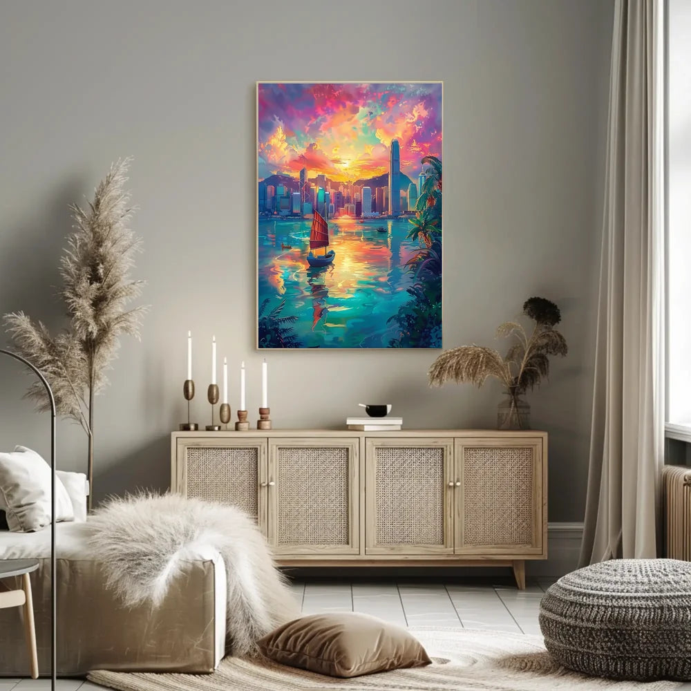 Hong Kong Harbor Sunset Impressionistic Art Poster