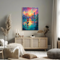 Hong Kong Harbor Sunset Impressionistic Art Poster