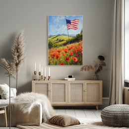 peaceful field of poppies with one large American flag Poster
