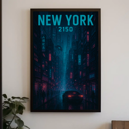 New York Cyberpunk Night Streets 2150 Vintage Travel Poster