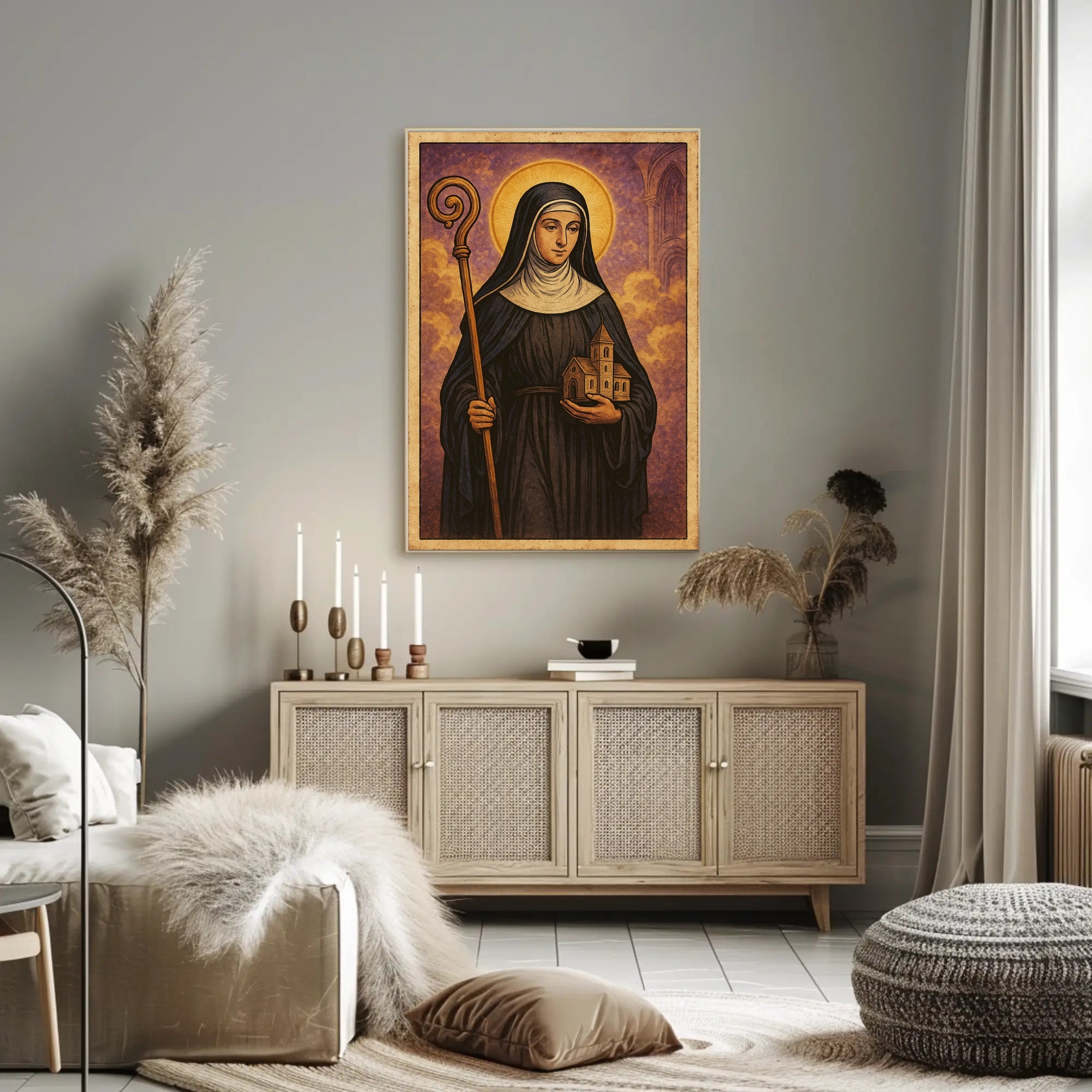 Saintly Figure with Church Poster PosterGoat