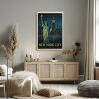 Statue Of Liberty Poster Modern Nighttime Skyline Wall Art