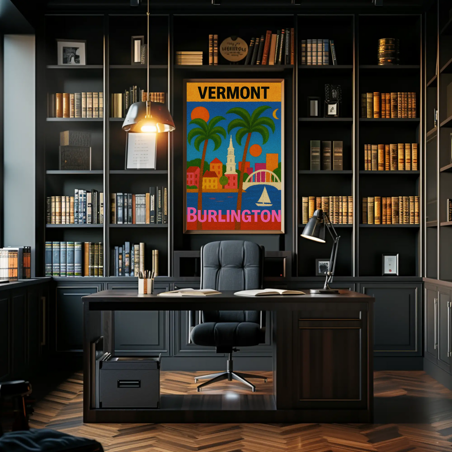 Vermont Burlington Palm Trees Church Sailboat Vintage Travel Poster