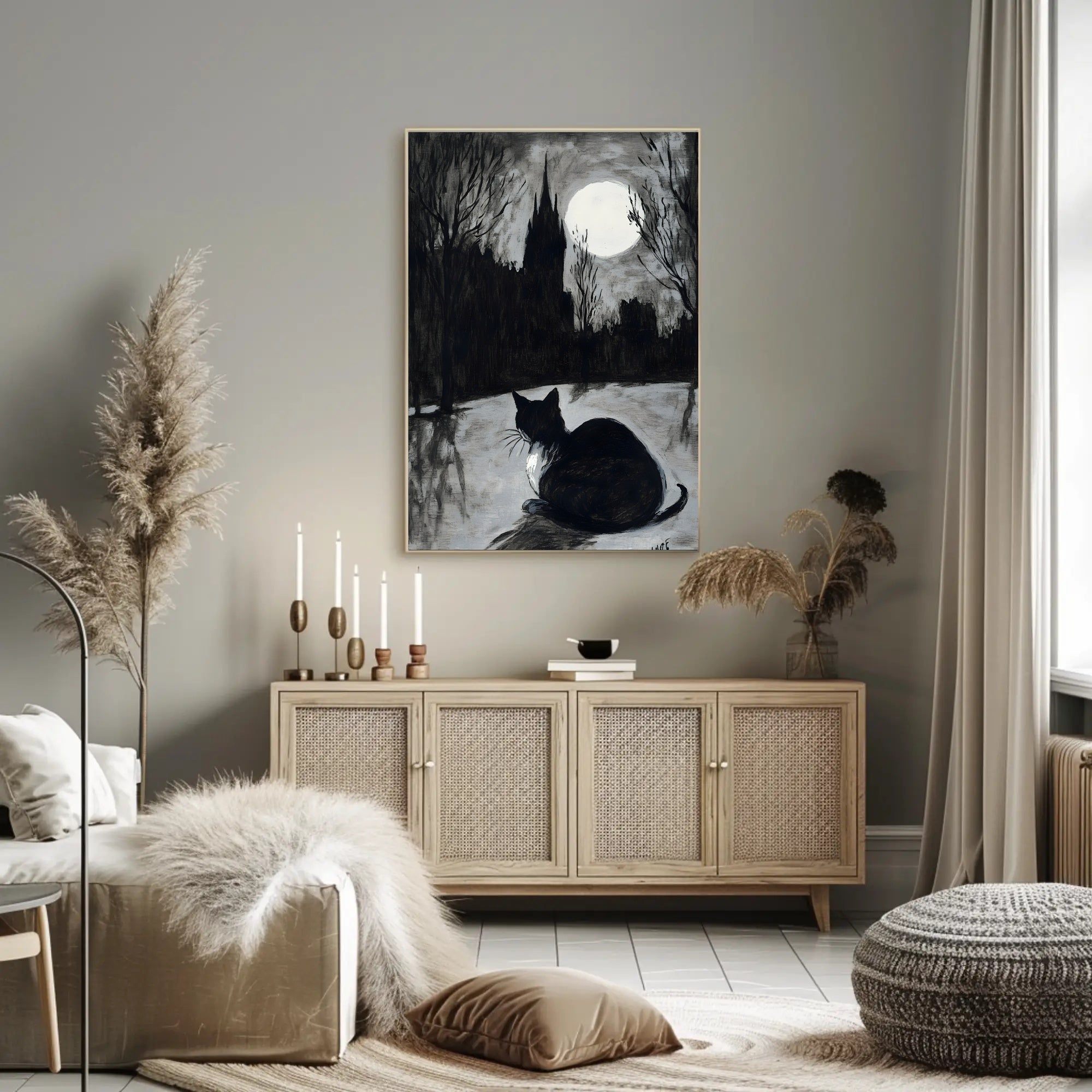 Moonlit Cat with Gothic Castle Artistic Poster PosterGoat