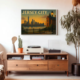 Jersey City Skyline Sunset Travel Poster