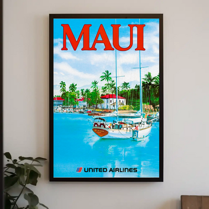 Maui Hawaii Harbor Sailboats Airlines Travel Poster
