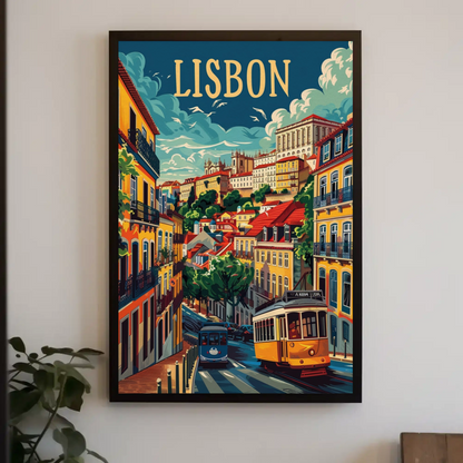 Lisbon Yellow Tram and Alfama Streets Travel Poster