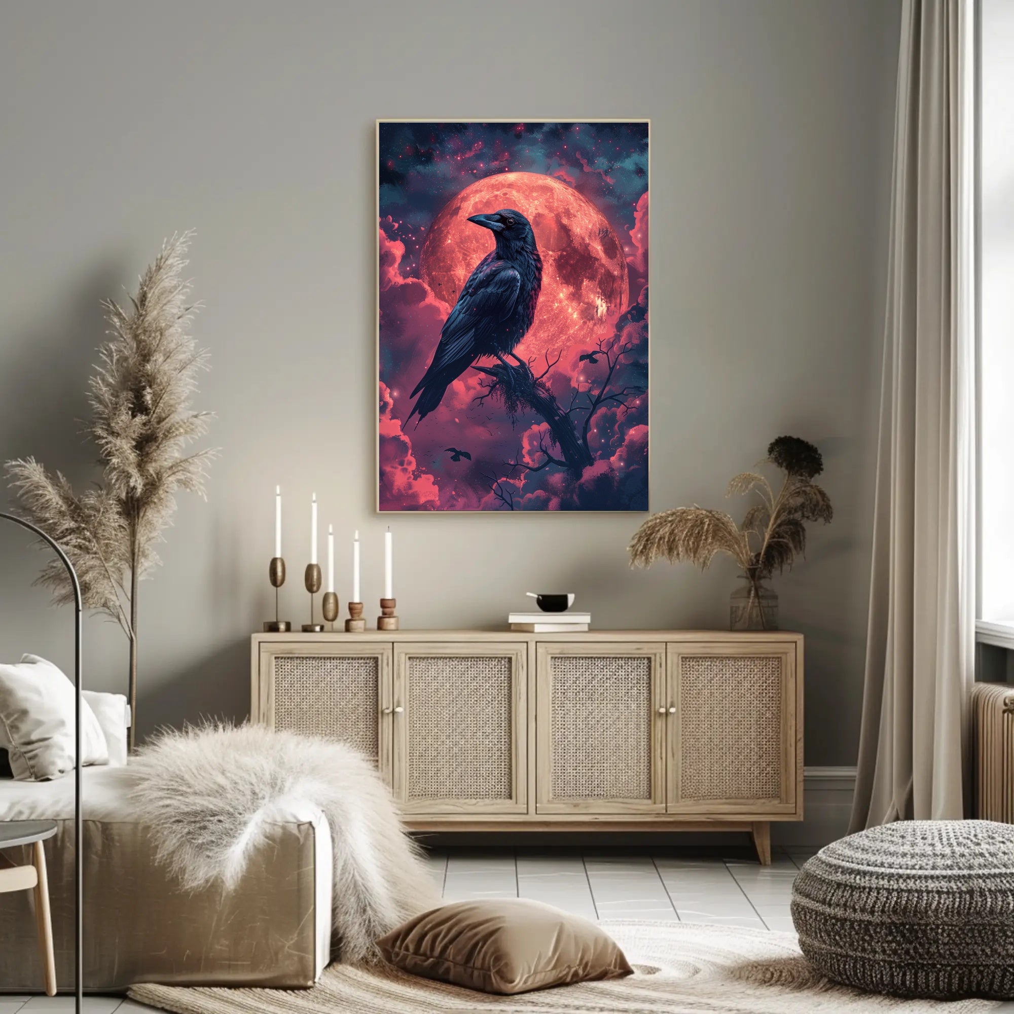 Mystical Raven Under Blood Moon Art Print Poster PosterGoat