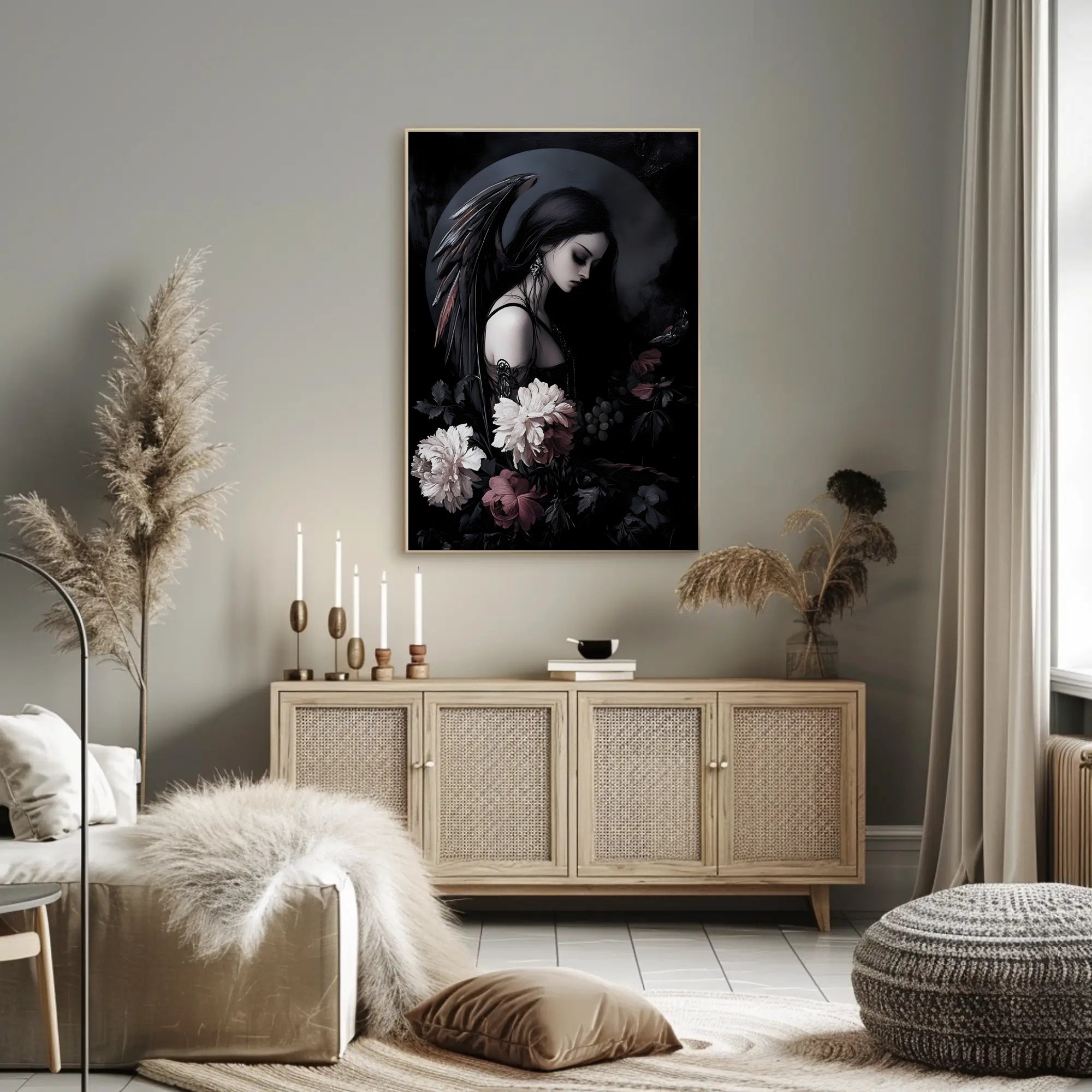 Dark Angelic Fantasy Woman with Dramatic Flowers Poster PosterGoat