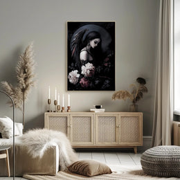 Dark Angelic Fantasy Woman with Dramatic Flowers Poster PosterGoat
