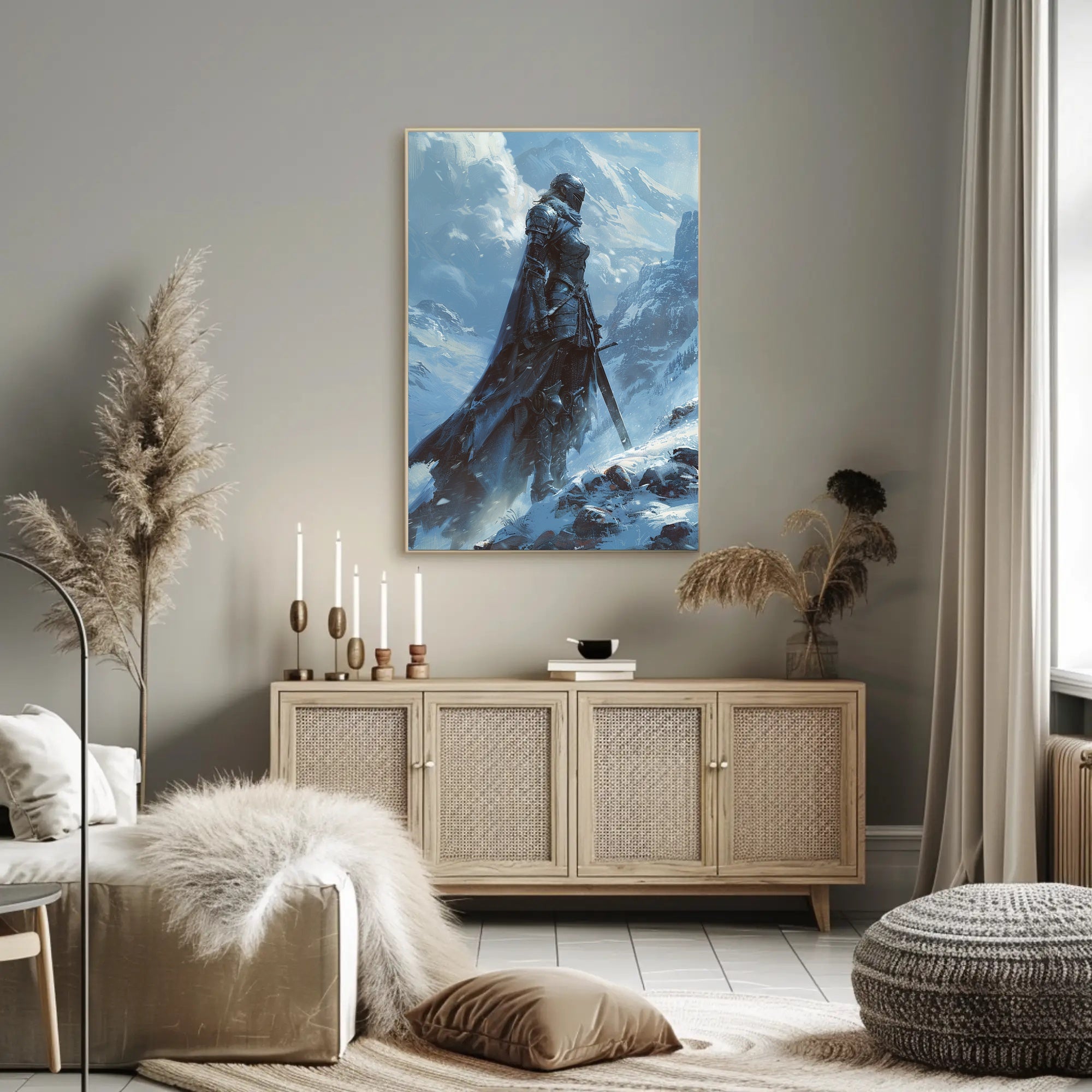 Warrior in Snowy Mountains: Epic Fantasy or Mythology Poster PosterGoat
