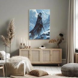 Warrior in Snowy Mountains: Epic Fantasy or Mythology Poster PosterGoat