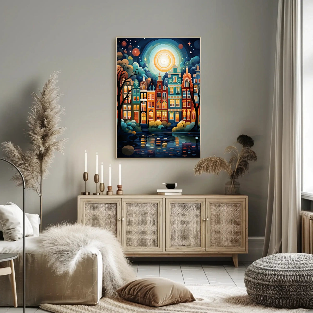 Vibrant European Cityscape at Night Travel Poster
