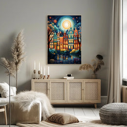 Vibrant European Cityscape at Night Travel Poster