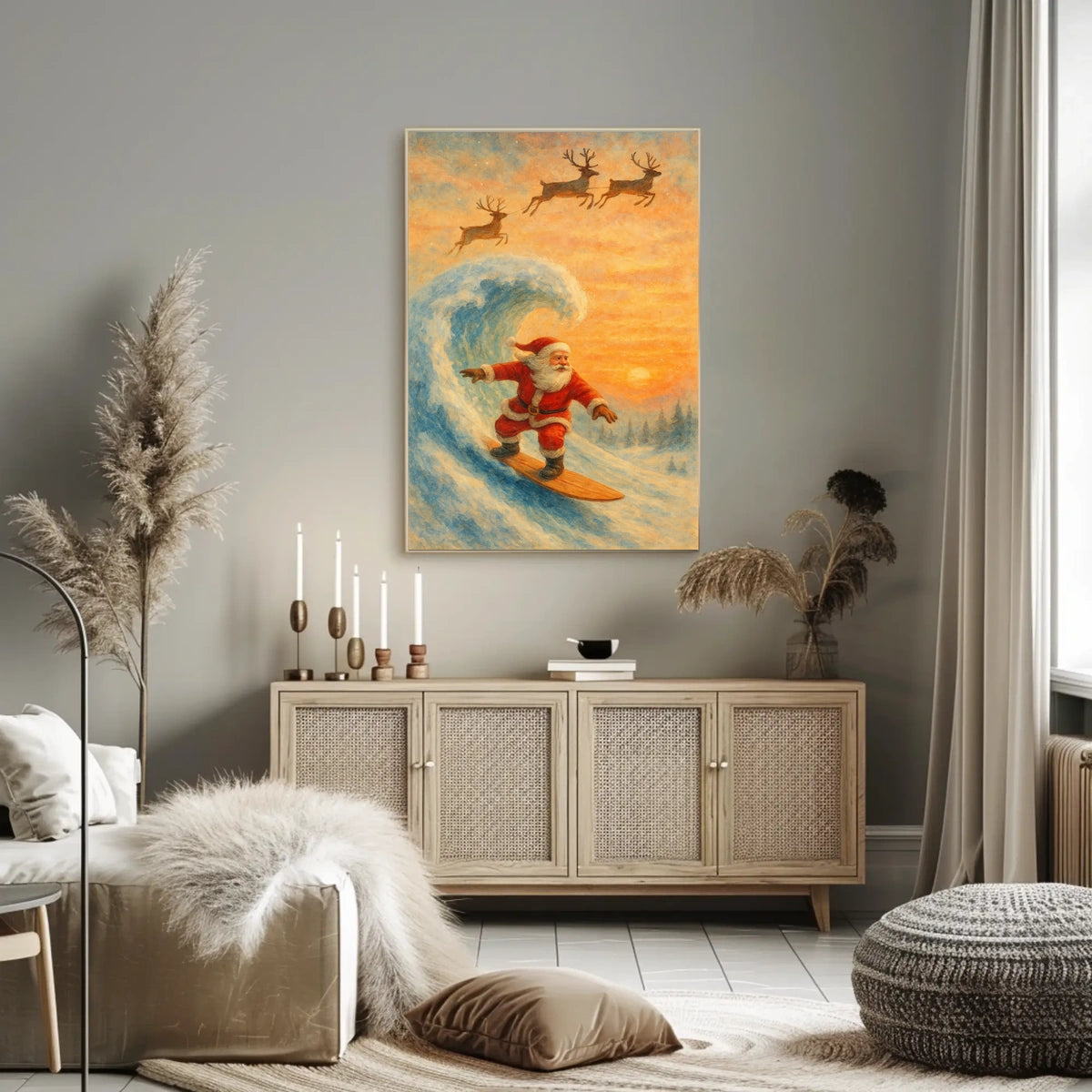 Santa Surfing Christmas Poster: Festive Holiday Decor