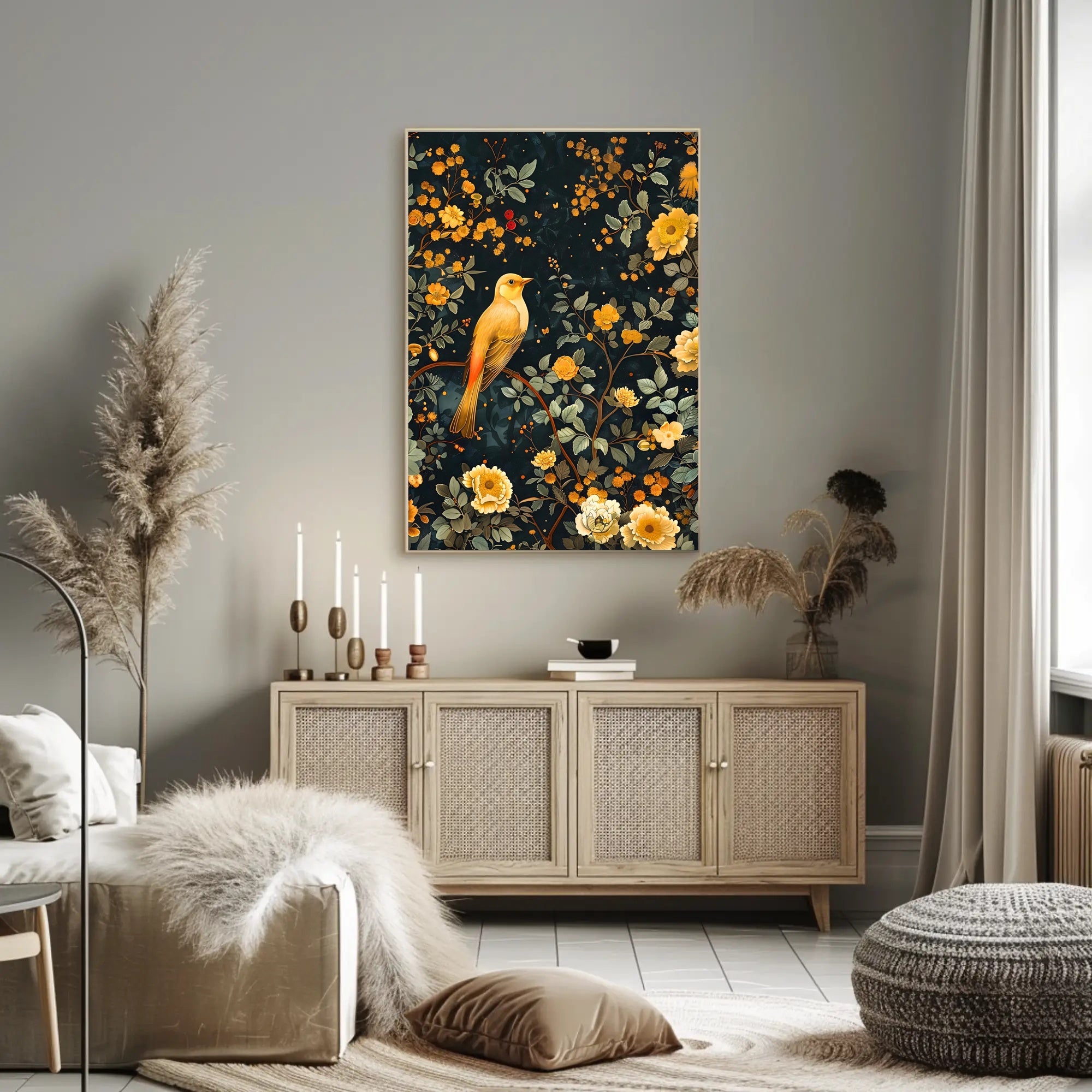 Golden Bird and Blossoms Wall Art Print